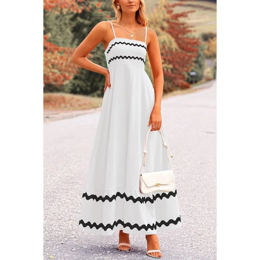 Women's White Casual Sleeveless Spaghetti Strap Ruffle Beach Maxi Dress